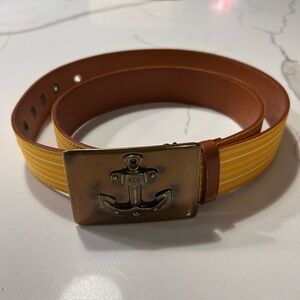 Vintage Lauren Ralph Lauren Brass Anchor Buckle Leather Belt XL Yellow Stripes